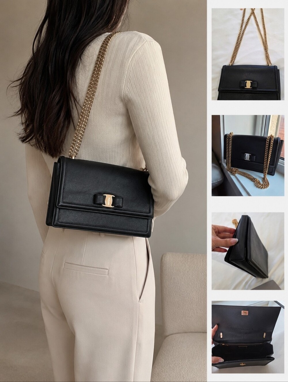 Salvatore Ferragamo Vara Bow Chain Shoulder Bag Black Pebbled Leather Gold Hwear